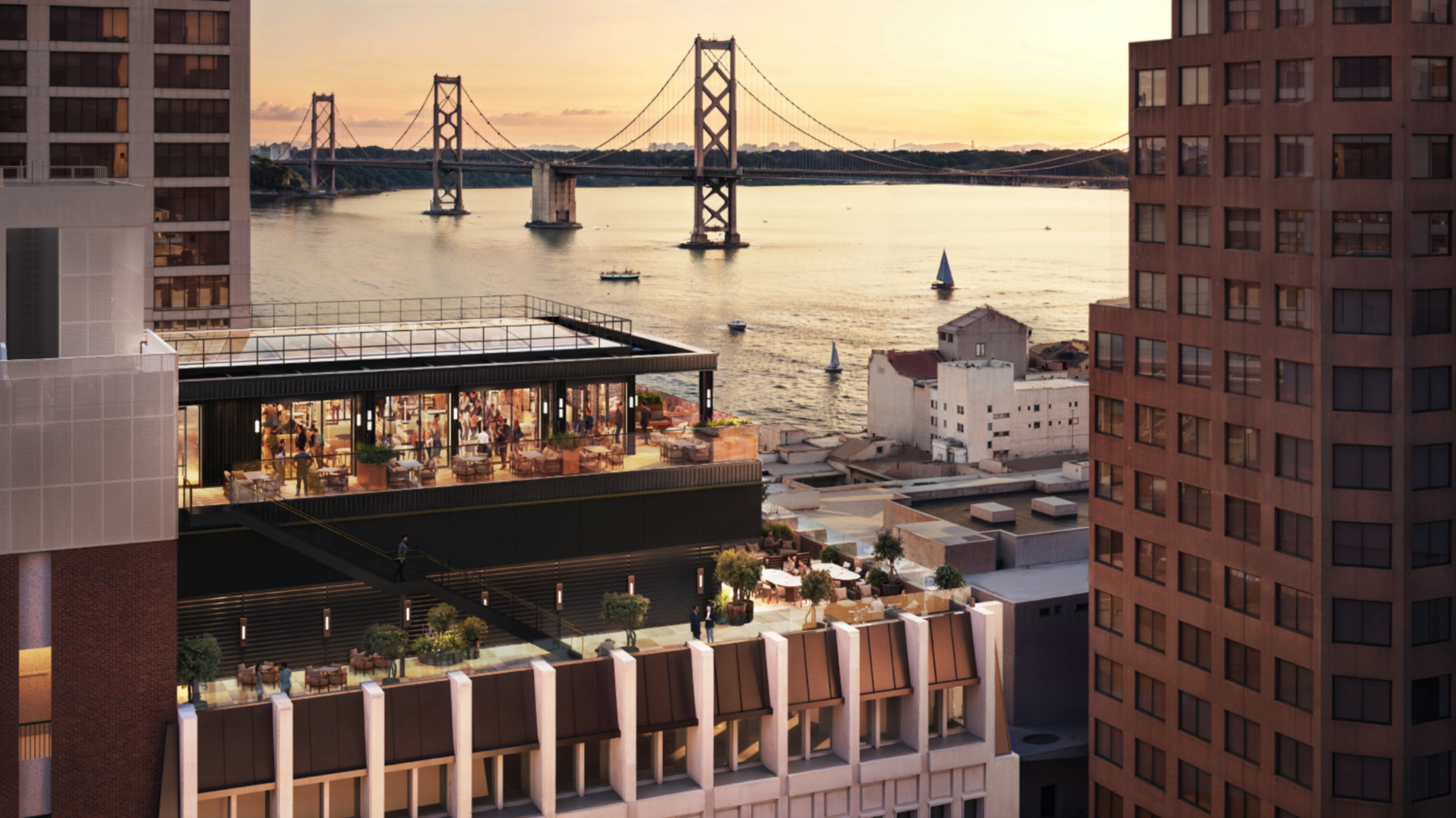 A rooftop restaurant with people dining overlooks a sunset-lit bay with sailboats and a suspension bridge framed by tall city buildings.