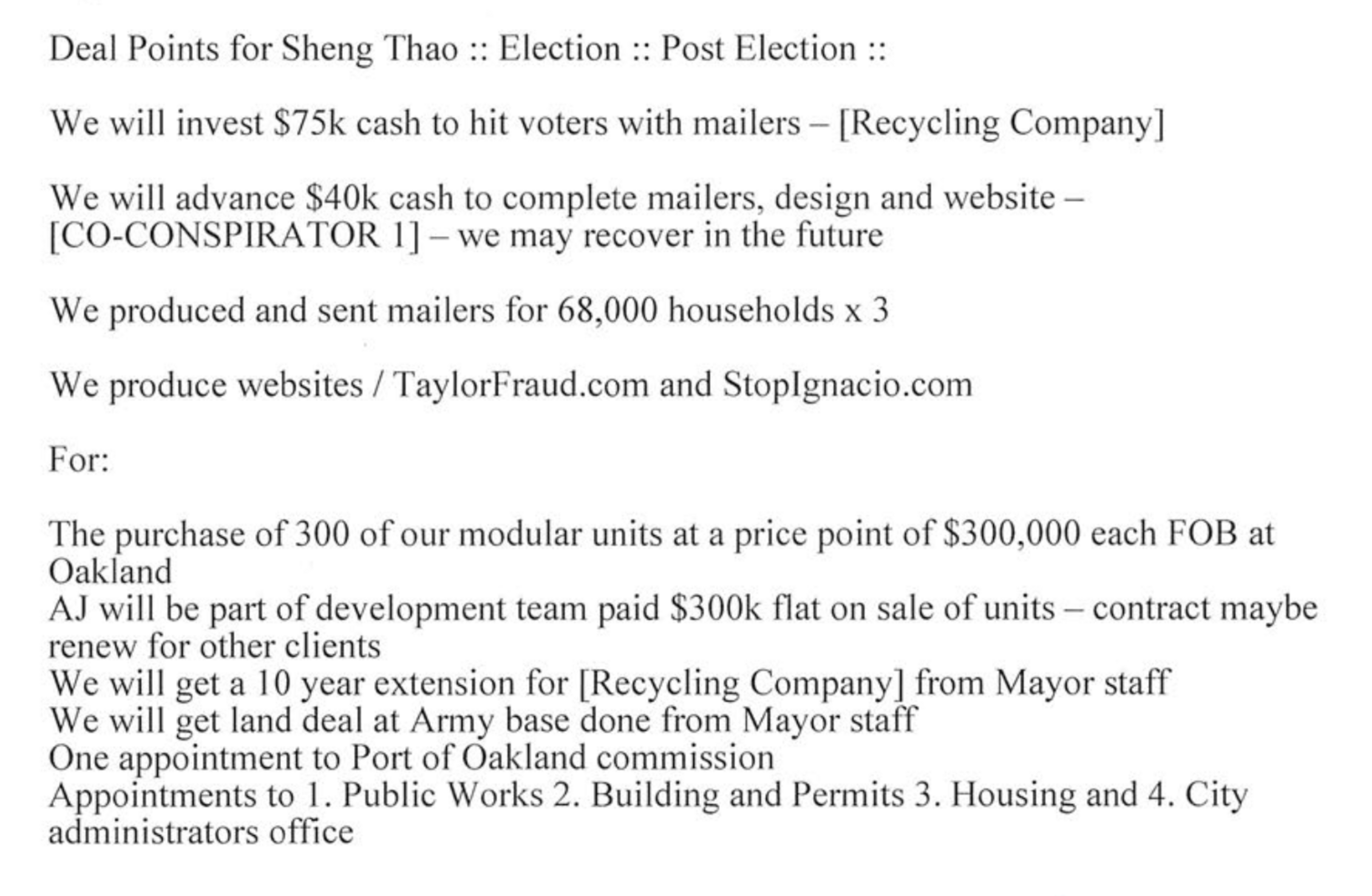 Notes detailing planned cash investments for mailers and websites, production of mailers, and various business deals including sales, appointments, and land deals.