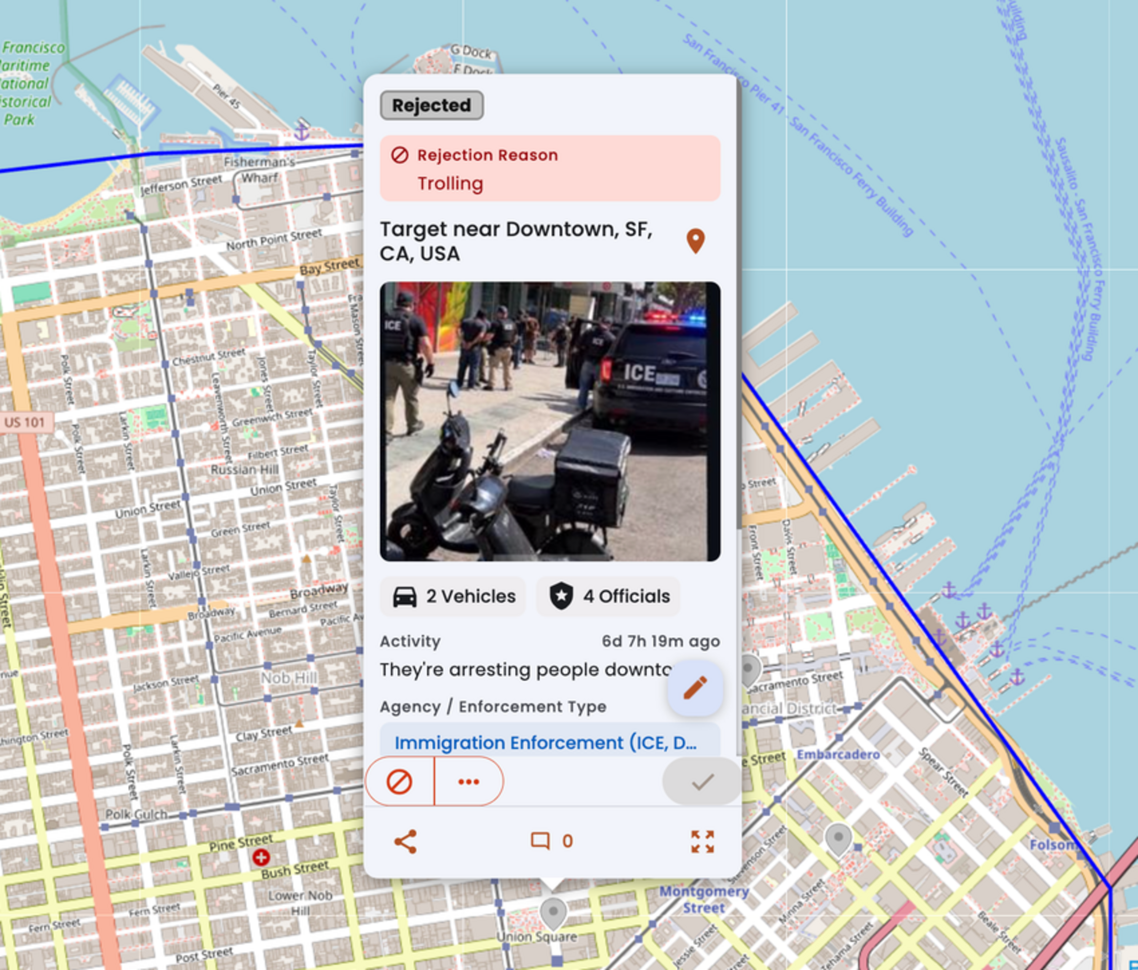 A rejected report cites “Trolling” for activity near downtown San Francisco with four officials and two vehicles involved in arrests.