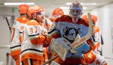 Sep 24, 2026; San Jose, California, USA; Anaheim Ducks goaltender Ville Husso (33) looks on from the tunnel with his teammates before a game against the San Jose Sharks at SAP Center at San Jose. Mandatory Credit: Robert Edwards-Imagn Images