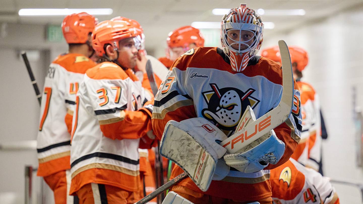 Sep 24, 2026; San Jose, California, USA; Anaheim Ducks goaltender Ville Husso (33) looks on from the tunnel with his teammates before a game against the San Jose Sharks at SAP Center at San Jose. Mandatory Credit: Robert Edwards-Imagn Images