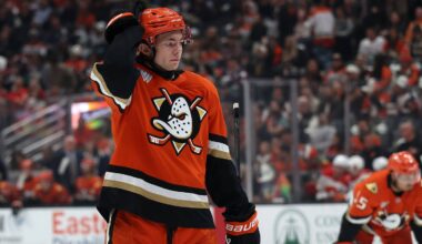 Oct 13, 2026; Anaheim, California, USA;  Anaheim Ducks center Roger McQueen (95) on the ice during the first period against the Calgary Flames at Honda Center. Mandatory Credit: Kiyoshi Mio-Imagn Images