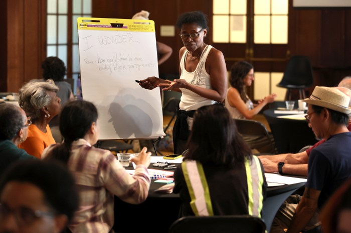 A participant stands beside an easel pad headed "I wonder…" and talks with her table group.