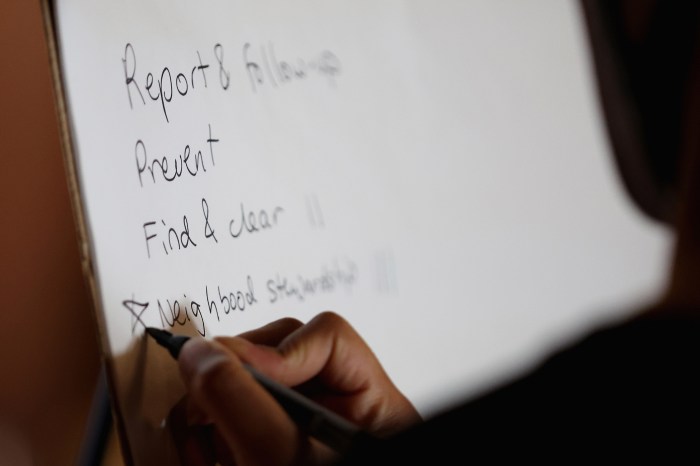 Handwritten notes on an easel pad read "Report & follow-up," "Prevent" and "Find & clear."
