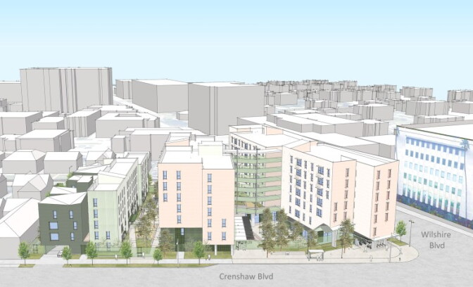 A digital rendering showing a housing development around an area with buildings of various sizes.