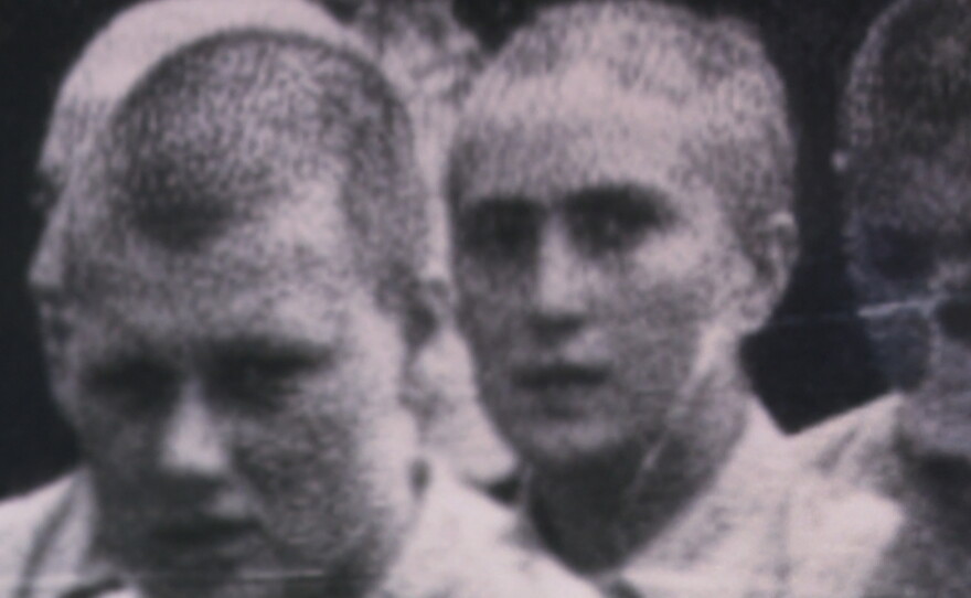 A black and white photo taken of prisoners at a Nazi concentration camp is shown at the RUTH exhibit at the Central Library on Sept. 8, 2026.