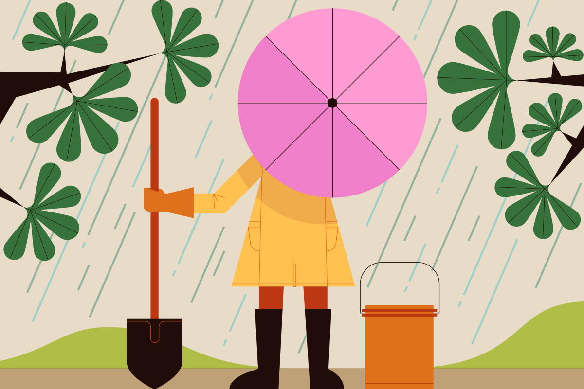 Figure with a shovel, bucket and an umbrella stands in the rain ready to collect rainwater.