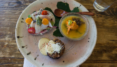 A trio of Japanese appetizers on a plate: sashimi, egg custard and a pate-like head cheese.