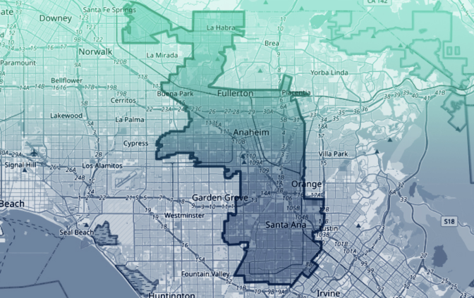 Senate District 34 includes northern Orange County, covering major cities such as Santa Ana, Anaheim, Placentia, Fullerton, Buena Park, La Habra, and the west side of the city of Orange. It also extends into Los Angeles County, encompassing the unincorporated community of South Whittier.