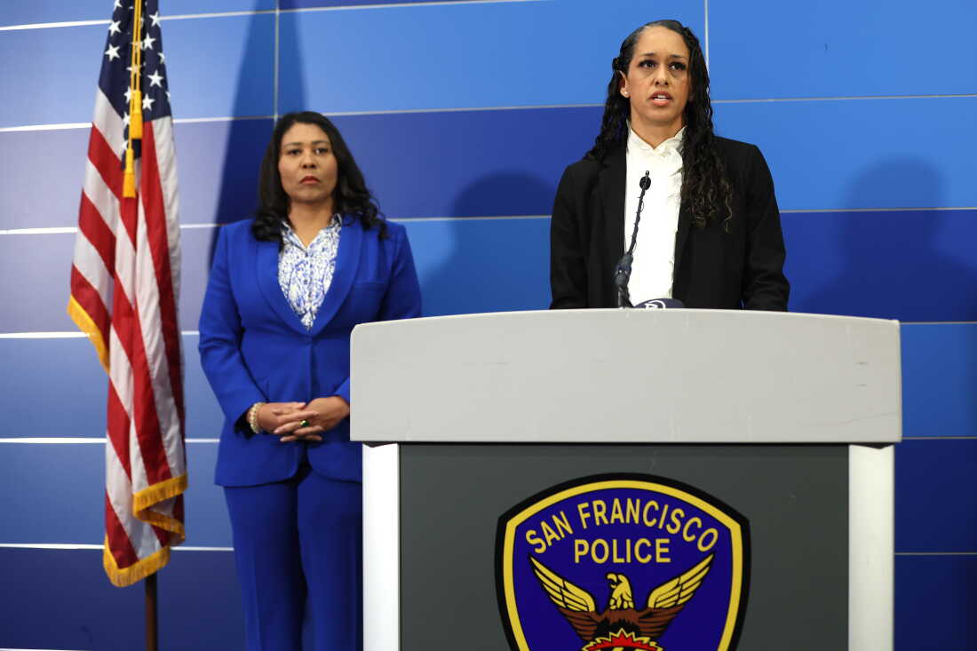 SAN FRANCISCO, CALIFORNIA - APRIL 13: San Francisco district attorney Brooke Jenkins (R) speaks as San Francisco while then-Mayor London Breed (L) looks on during a press conference at San Francisco Police headquarters on April 13, 2023 in San Francisco, California.