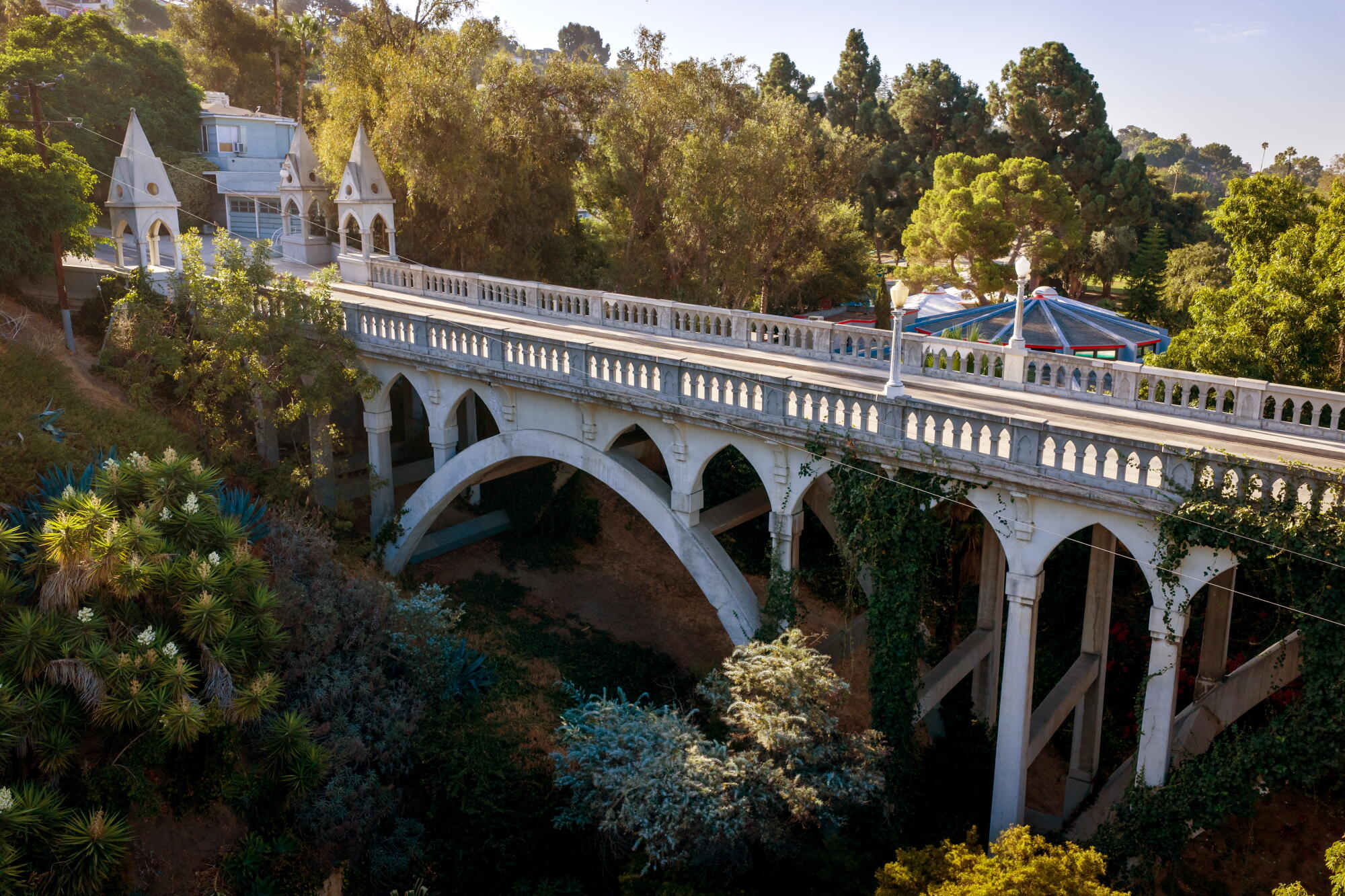 An aerial view of the Shakespeare Bridge spanning a ravine in the Franklin Hills area of Los Feliz.