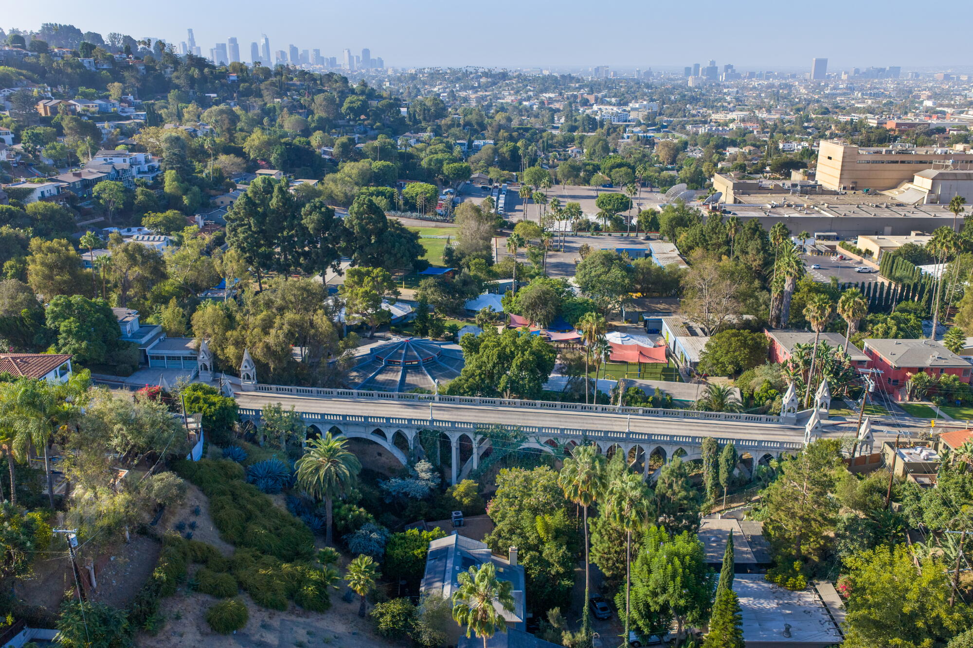 An aerial view of the Shakespeare Bridge