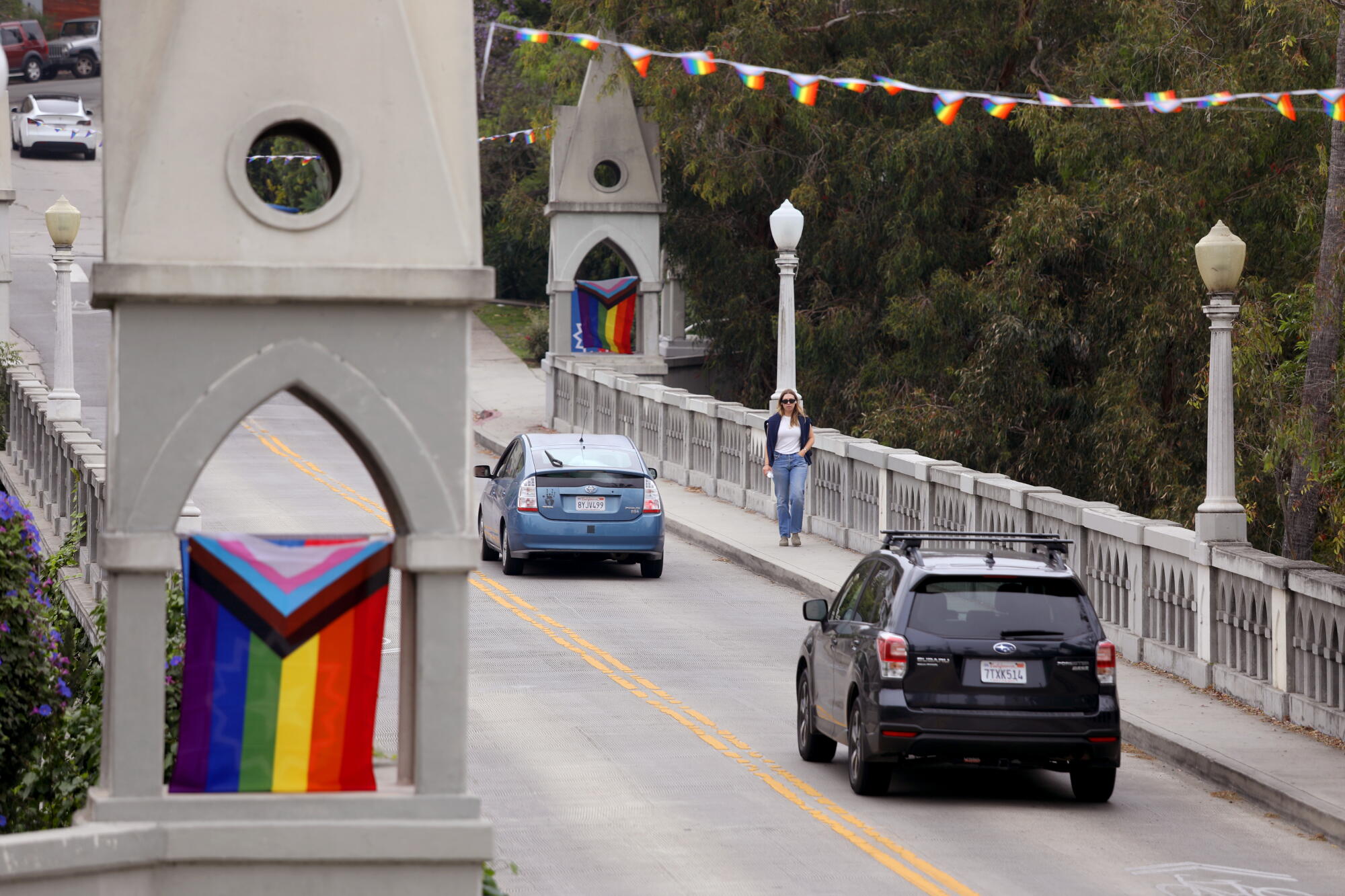 Shakespeare Bridge in Los Feliz with Pride flags on it