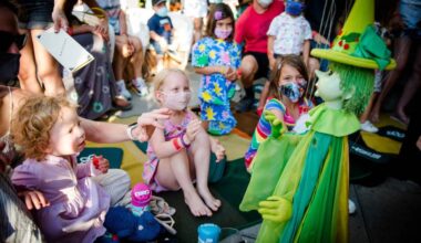small children watch a green witch puppet