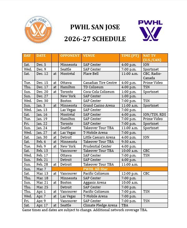 San Jose 2026/27 schedule. Courtesy of the PWHL.