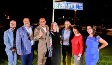 group photo Left to Right: LBCC Superintendent-President Dr. Mike Muñoz; LBCC Board of Trustees President Uduak-Joe Ntuk; Mayor Rex Richardson, City of Long Beach; Mayor O’Neill’s daughter Teresa O’Neill; Congressman Robert Garcia; LBCC Board of Trustees Member Dr. Virginia Baxter; and LBCC Board of Trustees Member Sunny Zia.