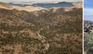 A composite image showing a dry creekbed winding through scrub-covered arid foothills and shallow canyons toward layered mountain ranges on the horizon.