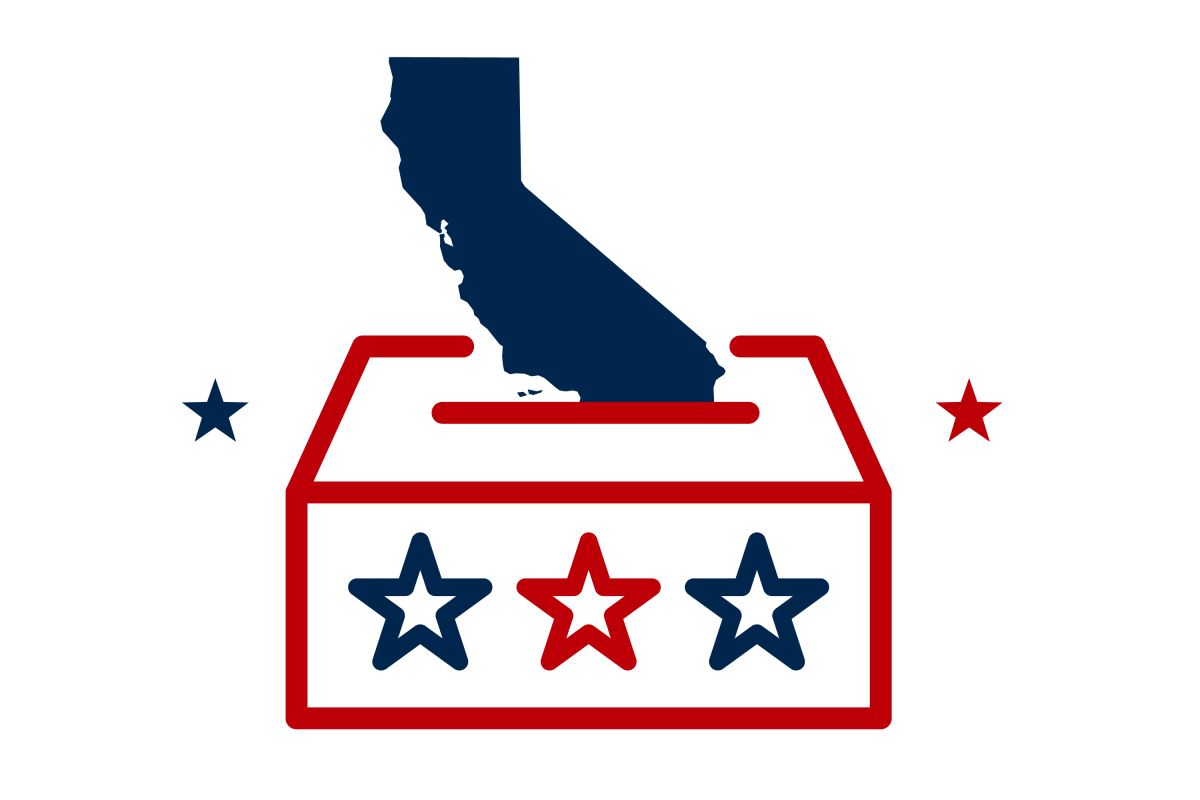 illustration of the shape of California being slid into a ballot box in blue and red