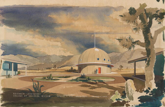 Illustration of a domed white building in a desert landscape with a Joshua tree in the forefront and mountains the background.