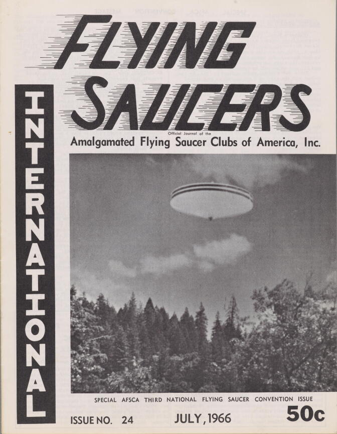 Black and white cover of Flying Saucers International magazine, with a saucer-shaped object hovering above the forest.