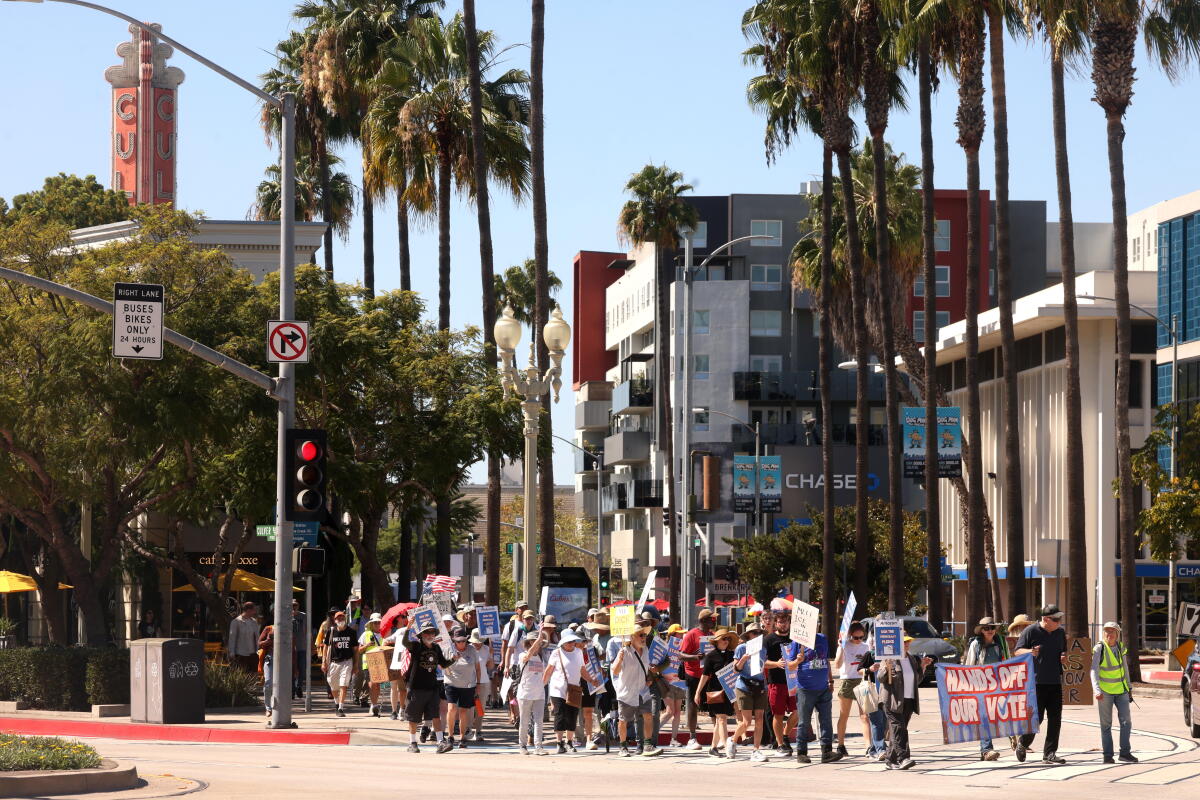 Protestors march in Downtown Culver City.