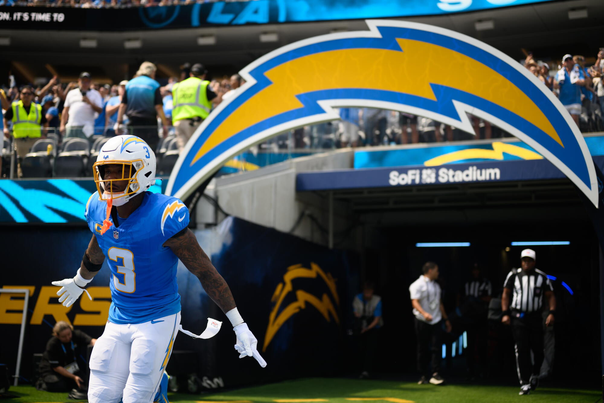 Chargers safety Derwin James Jr. enters the field before a game against the Arizona Cardinals on Sept. 13.
