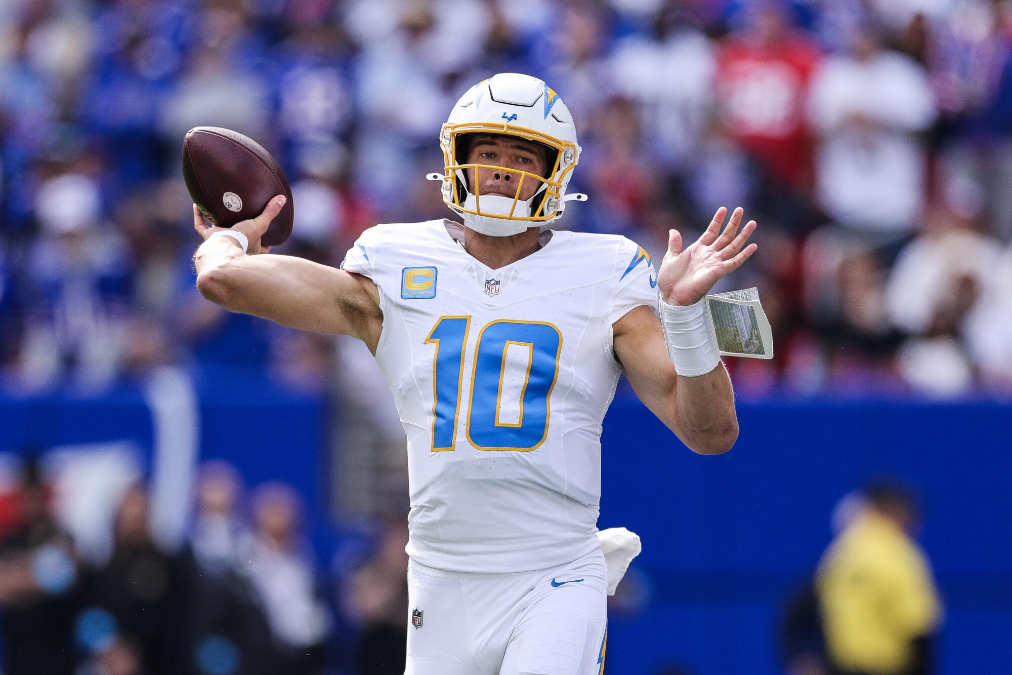 Chargers quarterback Justin Herbert passes during a loss to the Buffalo Bills on Sept. 27. 