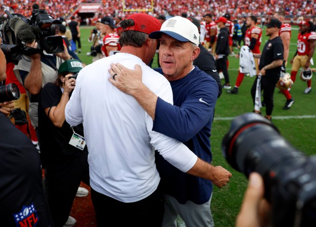 San Francisco 49ers head coach Kyle Shanahan talks with Denver Broncos head coach Sean Payton after the 49ers 24-10 win at Levi's Stadium in Santa Clara, Calif., on Sunday, Oct. 4, 2026. (Nhat V. Meyer/Bay Area News Group)