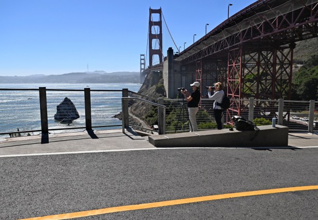 Anne-Marie Lamarche of Kenwood, left, and Karen Snow of Lafayette get a view of the bay from the new Vista Point Trail in Sausalito, Calif., on Tuesday, Sept. 29, 2026. (Alan Dep/Marin Independent Journal)