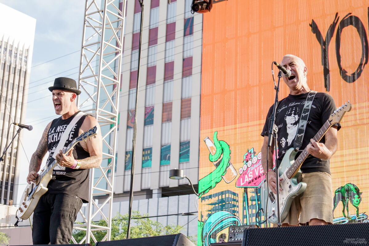 Shawn Stern (right) playing with his band Youth Brigade at Punk Rock Bowling in 2021.