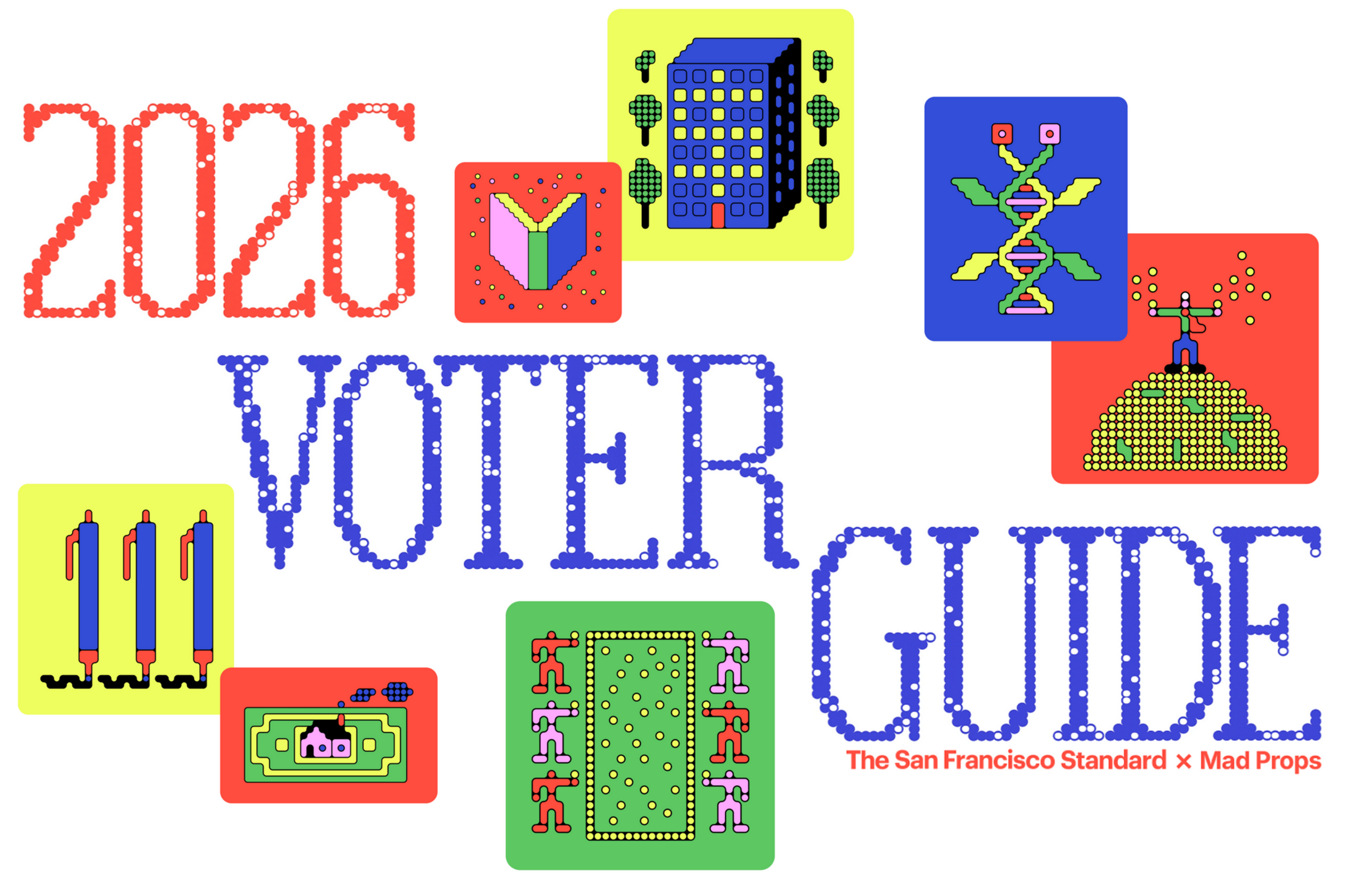 The text “2026 Voter Guide” appears using dots, surrounded by colorful blocks with pixel art of buildings, DNA, robots, and abstract designs.
