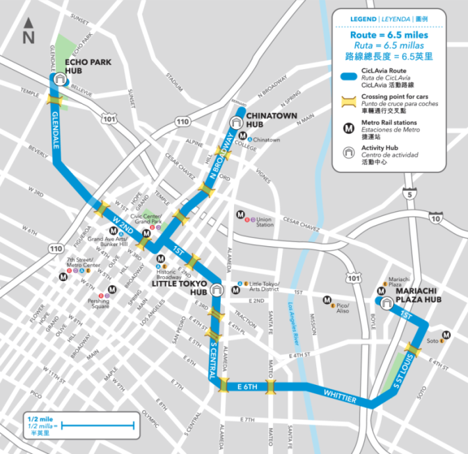 A map showing a blue route stretching multiple blocks with four hubs: Echo park hub, Chinatown hub, Little Tokyo hub, and Mariachi Plaza hub.