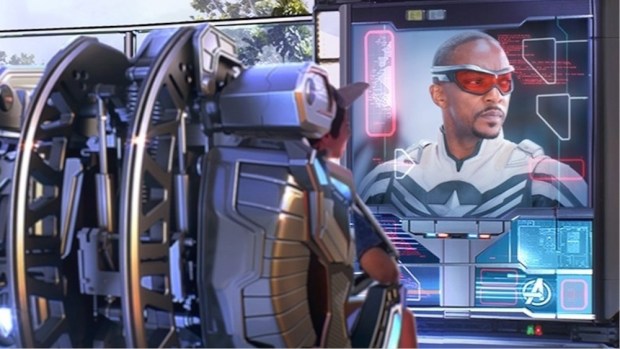 Marvel star Anthony Mackie will reprise his role as Captain America on Stark Flight Lab in Avengers Campus at Disney California Adventure. (Courtesy of Disneyland)