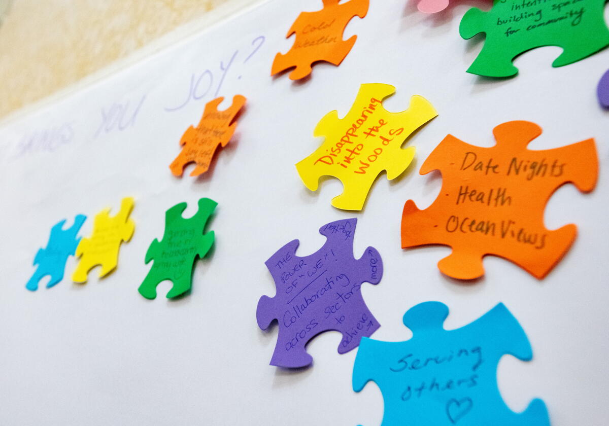Attendees of the Orange County Grantmakers Summit share what brings them joy in a collage hanging during the event on Oct. 1.