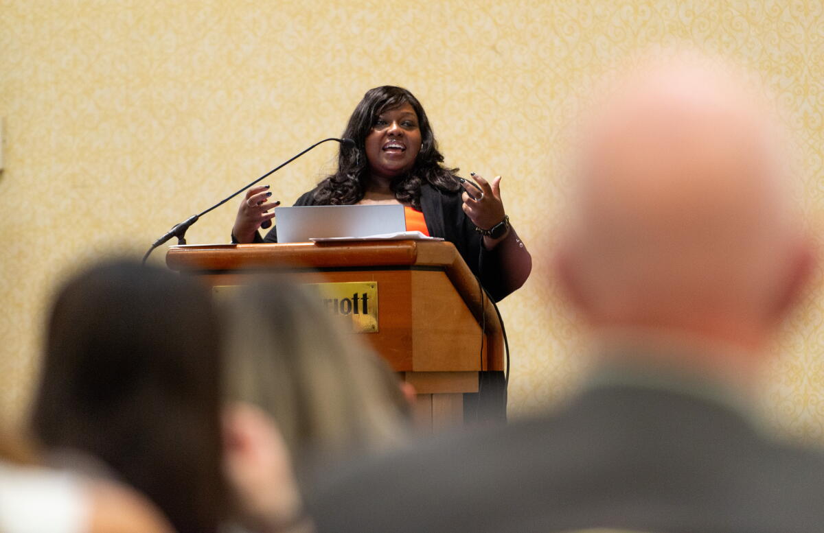 Chantias Ford discusses how to maintain joy in difficult situations during the Orange County Grantmakers Summit on Oct. 1.