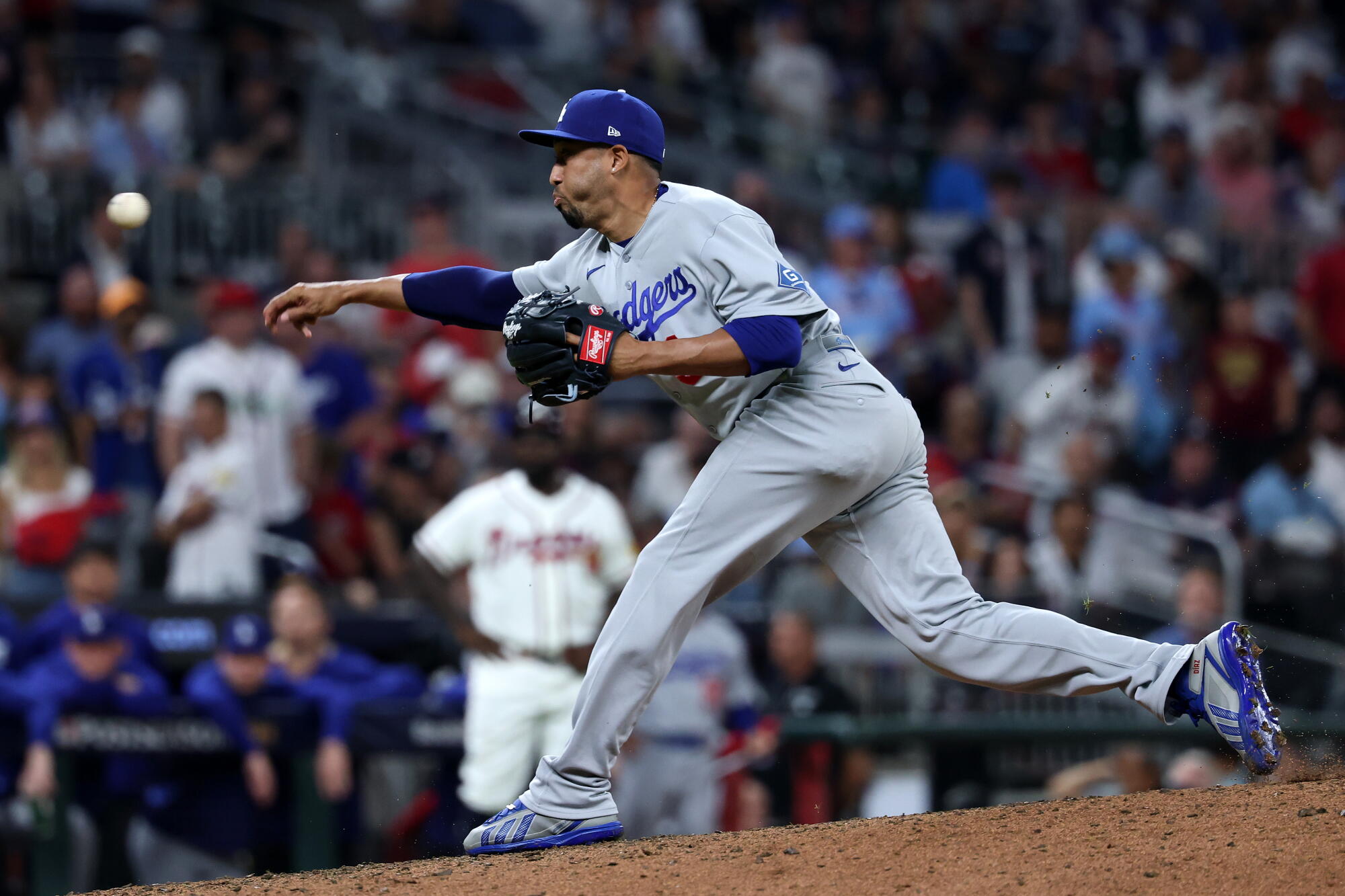 Dodgers closer Edwin Díaz throws the ball against the Braves in the ninth inning Game 4 of the NLDS Wednesday.