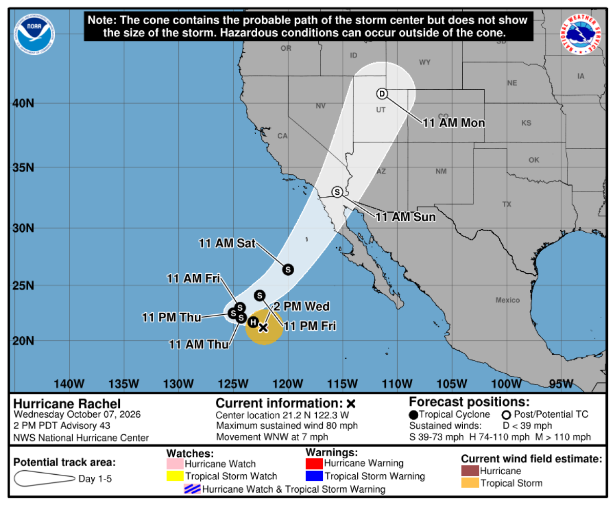 A cone showing a potential path of Hurricane Rachel
