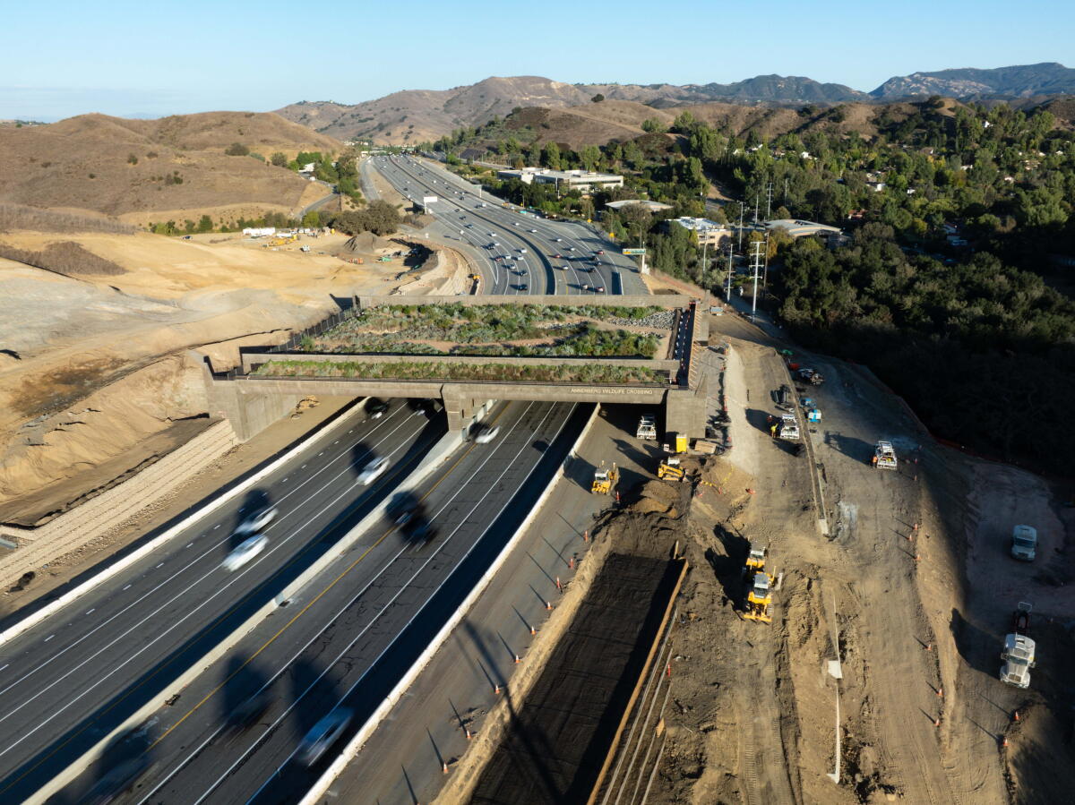 A drone photograph of the Wallis Annenberg Wildlife Crossing on Wednesday.