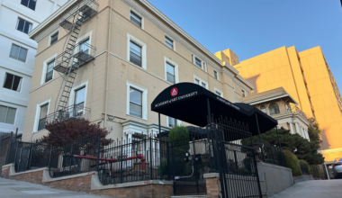 A beige three-story building with a black wrought iron fence and gate, a fire escape, and a black awning labeled "Academy of Art University."