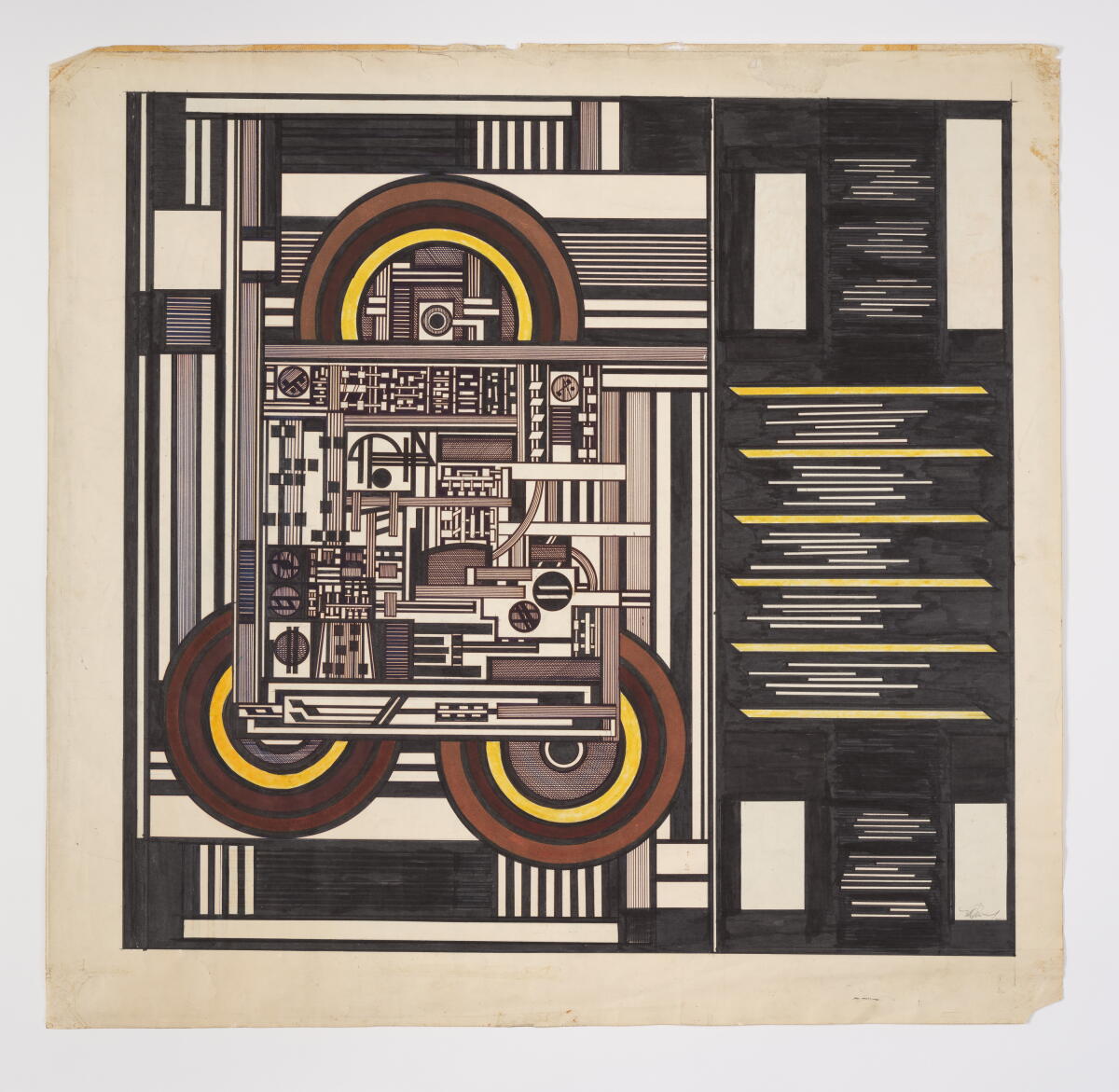 An artwork of geometric abstraction, ink and graphite on paper.