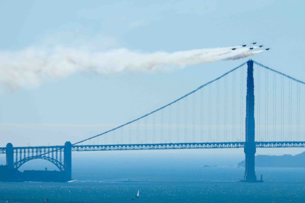 The U.S. Air Force Thunderbirds fly over the Golden Gate and the San Francisco Bay during a practice flight for San Francisco Fleet Week, as seen from Treasure Island in San Francisco, Calif., on Thursday, Oct. 8, 2026. (Ray Chavez/Bay Area News Group)
