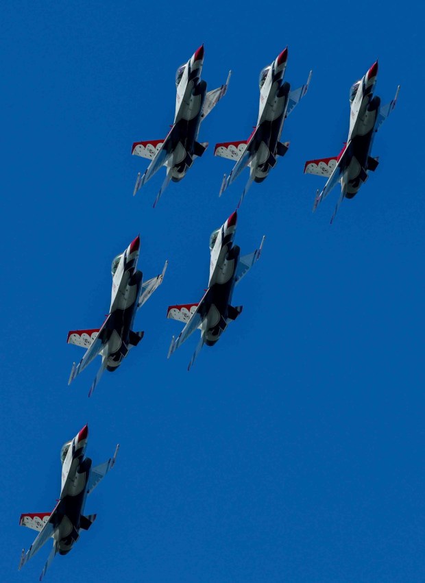 The U.S. Air Force Thunderbirds fly over the San Francisco Bay during a practice flight for San Francisco Fleet Week, as seen from Treasure Island in San Francisco, Calif., on Thursday, Oct. 8, 2026. (Ray Chavez/Bay Area News Group)
