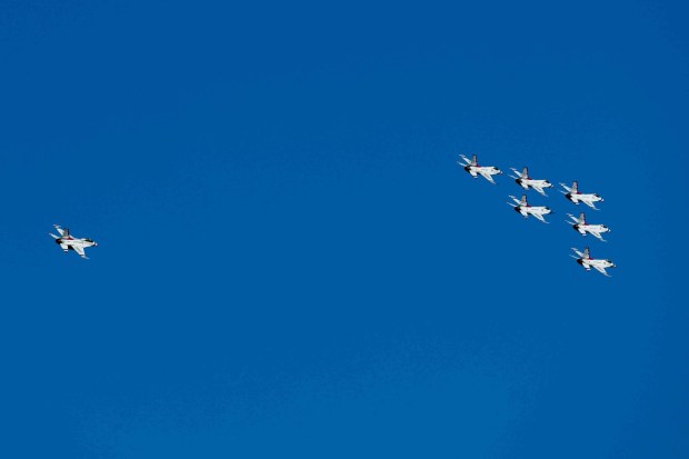 The U.S. Air Force Thunderbirds fly over the San Francisco Bay during a practice flight for San Francisco Fleet Week, as seen from Treasure Island in San Francisco, Calif., on Thursday, Oct. 8, 2026. (Ray Chavez/Bay Area News Group)