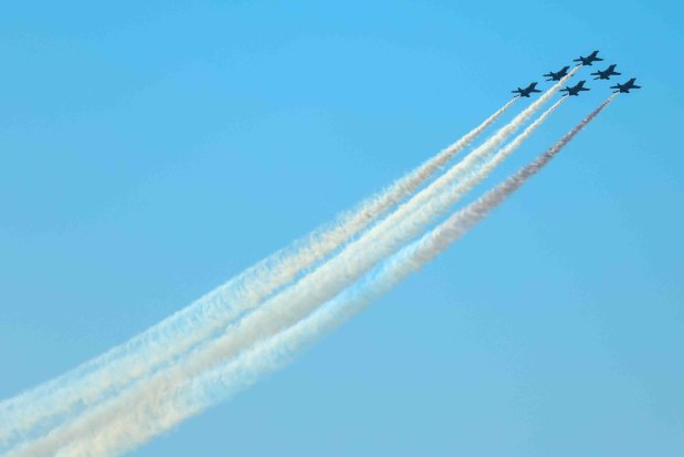 The U.S. Navy Blue Angels fly over the San Francisco Bay during a practice flight for San Francisco Fleet Week, as seen from Treasure Island in San Francisco, Calif., on Thursday, Oct. 8, 2026. (Ray Chavez/Bay Area News Group)