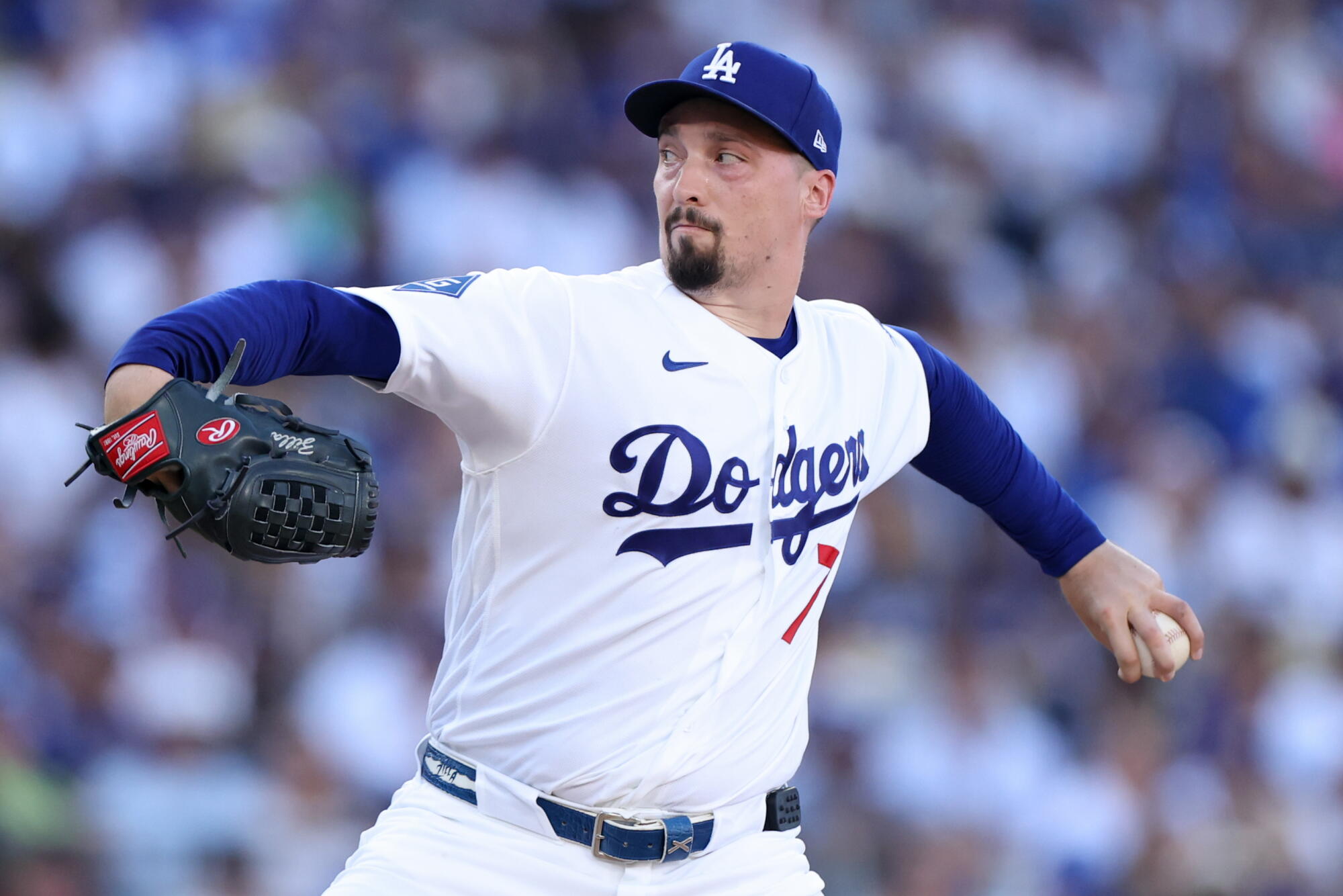 Blake Snell delivers for the Dodgers in Game 2 of the NLDS against the Atlanta Braves on Oct. 4 at Dodger Stadium.