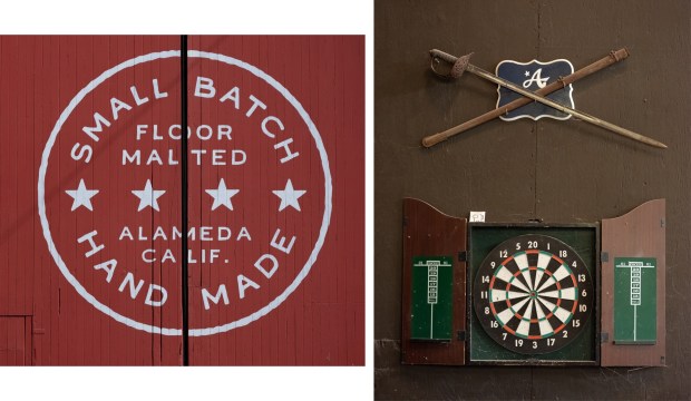 Left, side building view of Admiral Maltings, right, detail of a dart board and sabre inside the employee break space of Admiral Maltings on their last day of operation in Alameda, Calif. on October 2nd, 2026. (Douglas Despres for Bay Area News Group)