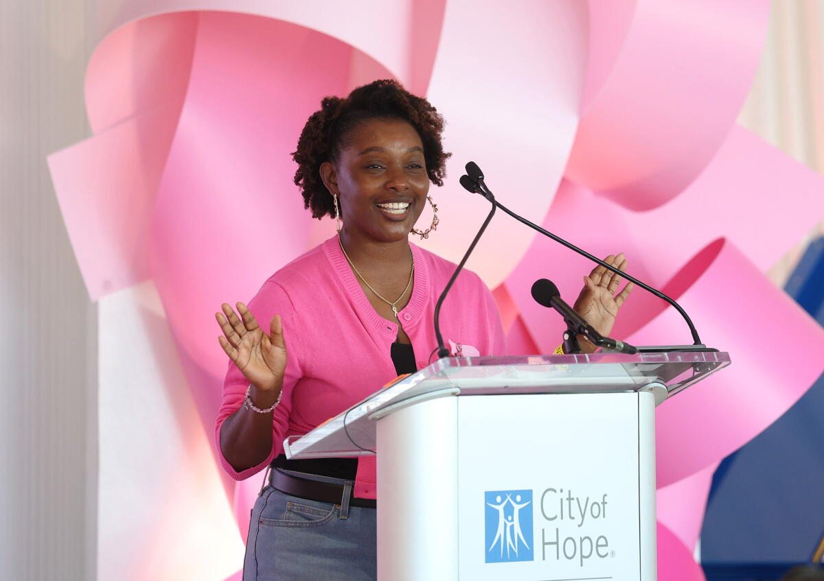 Breast cancer survivor Sade Wilson talks about her journey at City of Hope Orange County in Irvine on Wednesday.