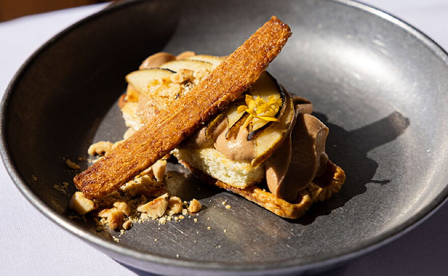Sweet Corn Sticky Toffee Pudding | toffee sauce, brown butter popcorn ice cream, plums, caramel popcorn