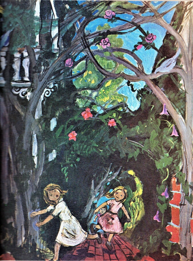 A painting of two girls playing under trees.