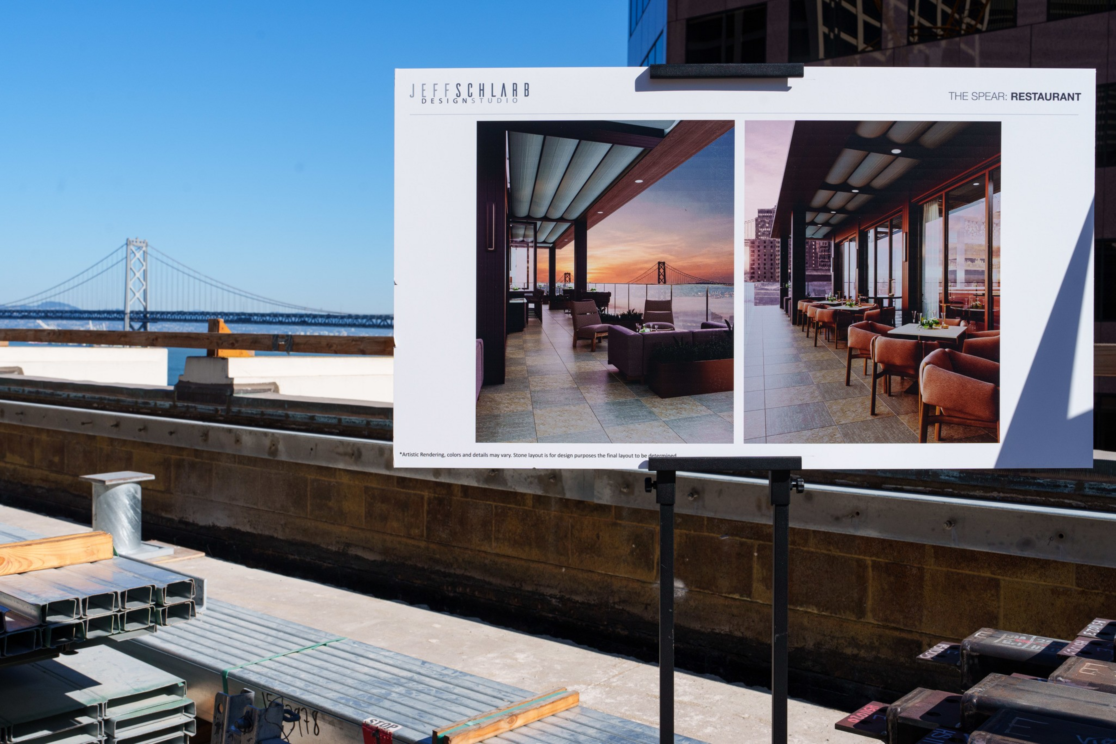 Two architectural renderings of a restaurant with large windows, cozy seating, and a view of a bridge during sunset.